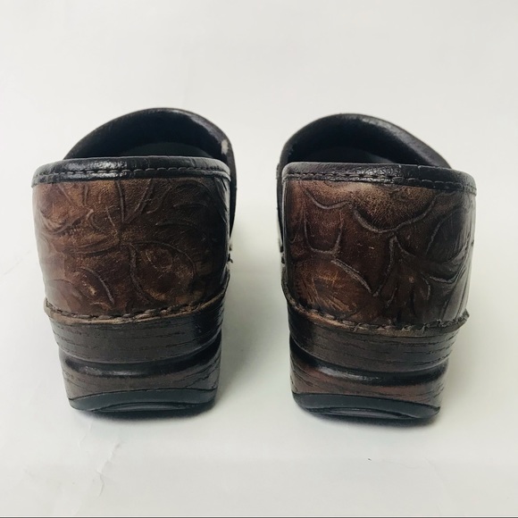 Dansko XP Clog Dark Brown Floral Tooled Leather Dark Brown Wood Shoe Size 37 (7) - Picture 4 of 14